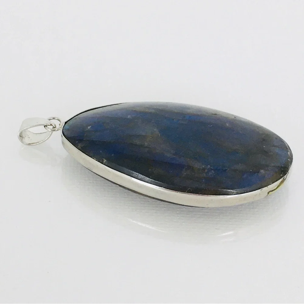 Labradorite Blue Green Flash Large Pendant Oval Natural Stone Silver Metal Wrap